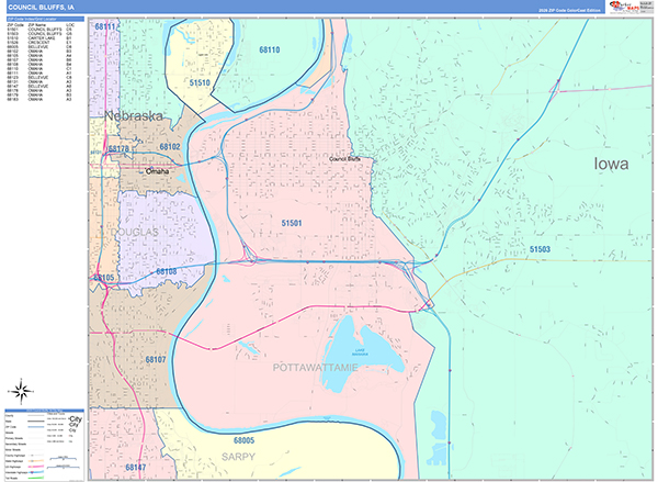 Council Bluffs City Wall Map Color Cast Style